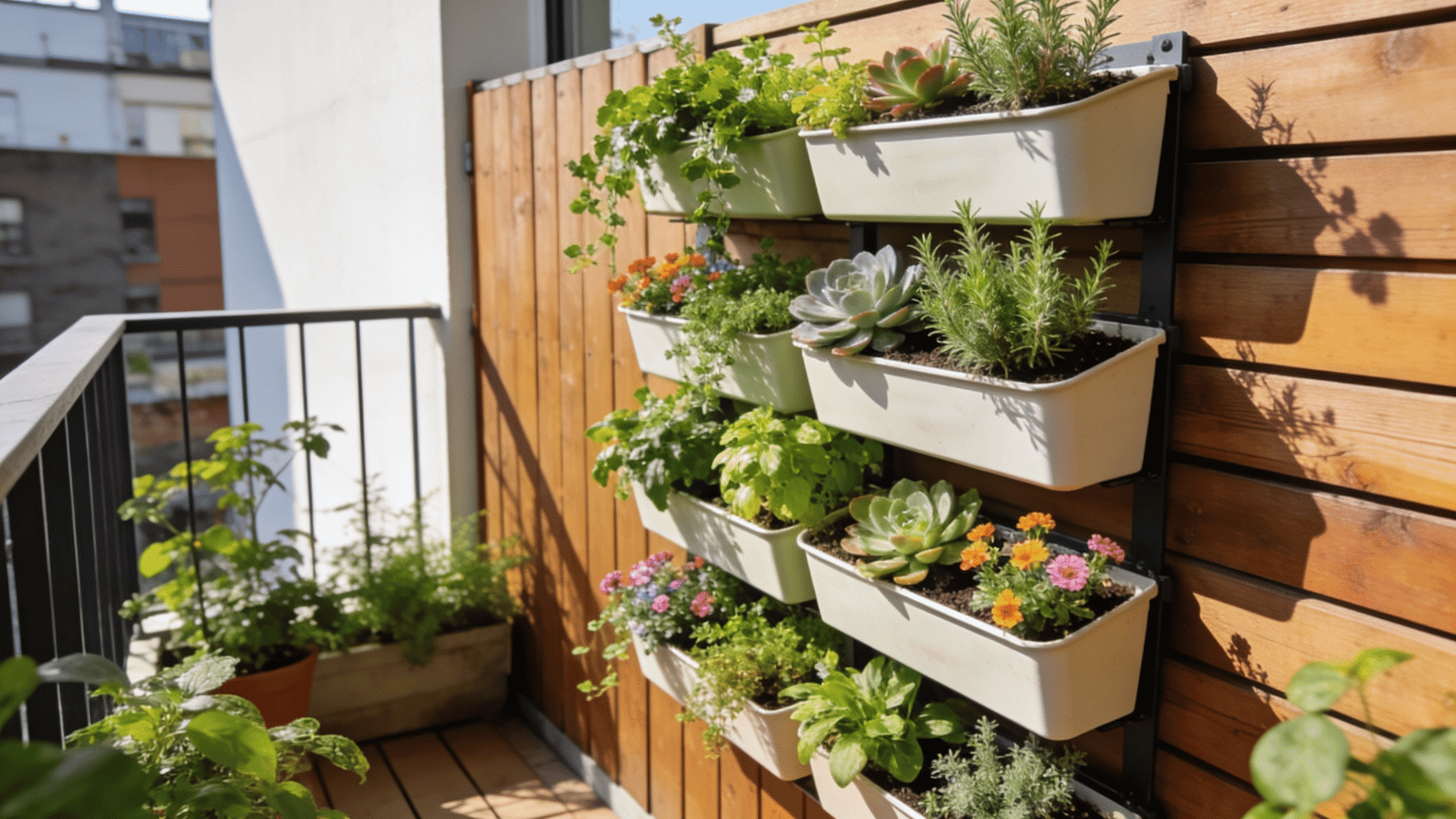 vertical balcony garden with wall mounted planters filled with herbs succulents flowers and leafy green plants