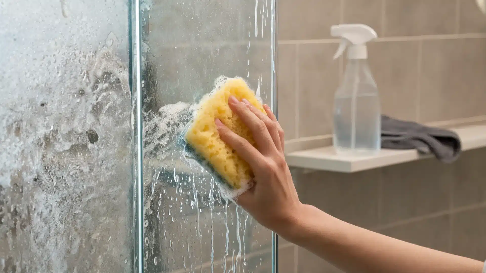 vinegar and dish soap cleaning cloudy shower glass with sponge, spray bottle, and microfiber cloth