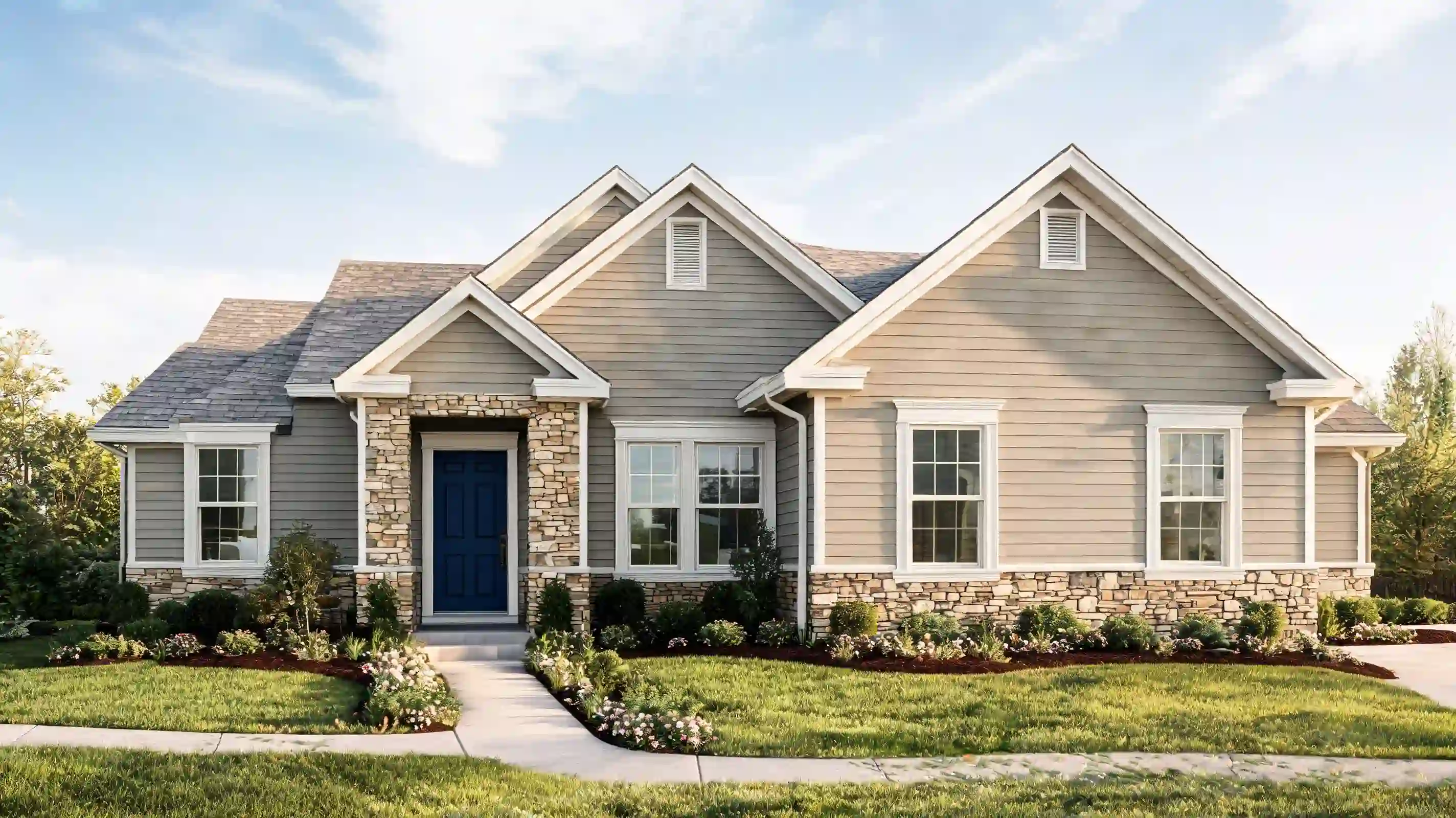 warm greige house with cream trim navy door stone accents and soft landscaping