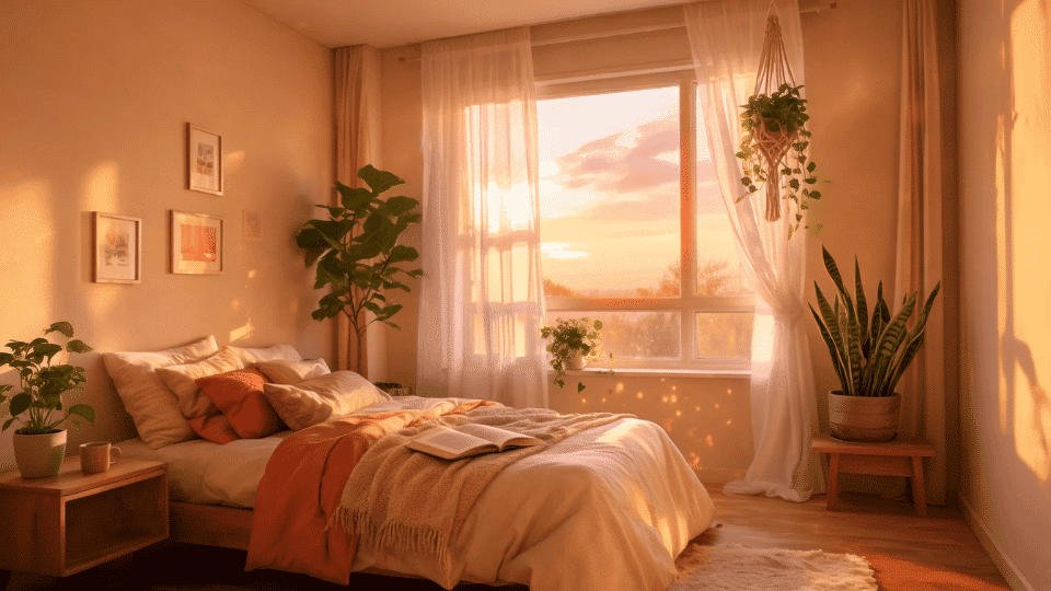 warm sunset plant bedroom with rumpled bedding, hanging pothos, snake plant, open book, and sheer curtains