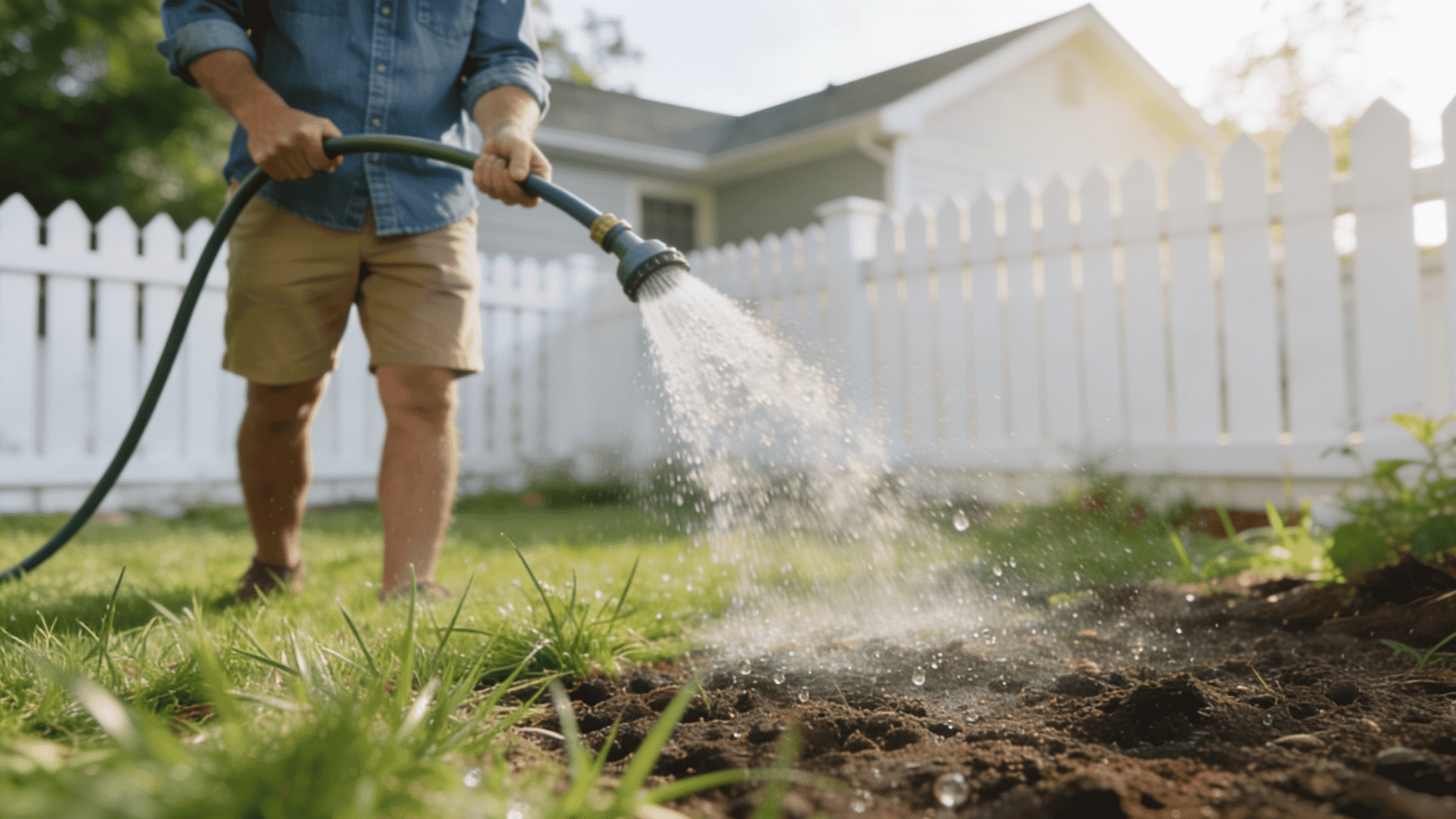 watering newly planted clover lawn seeds gently with a garden hose in sunny backyard (1)