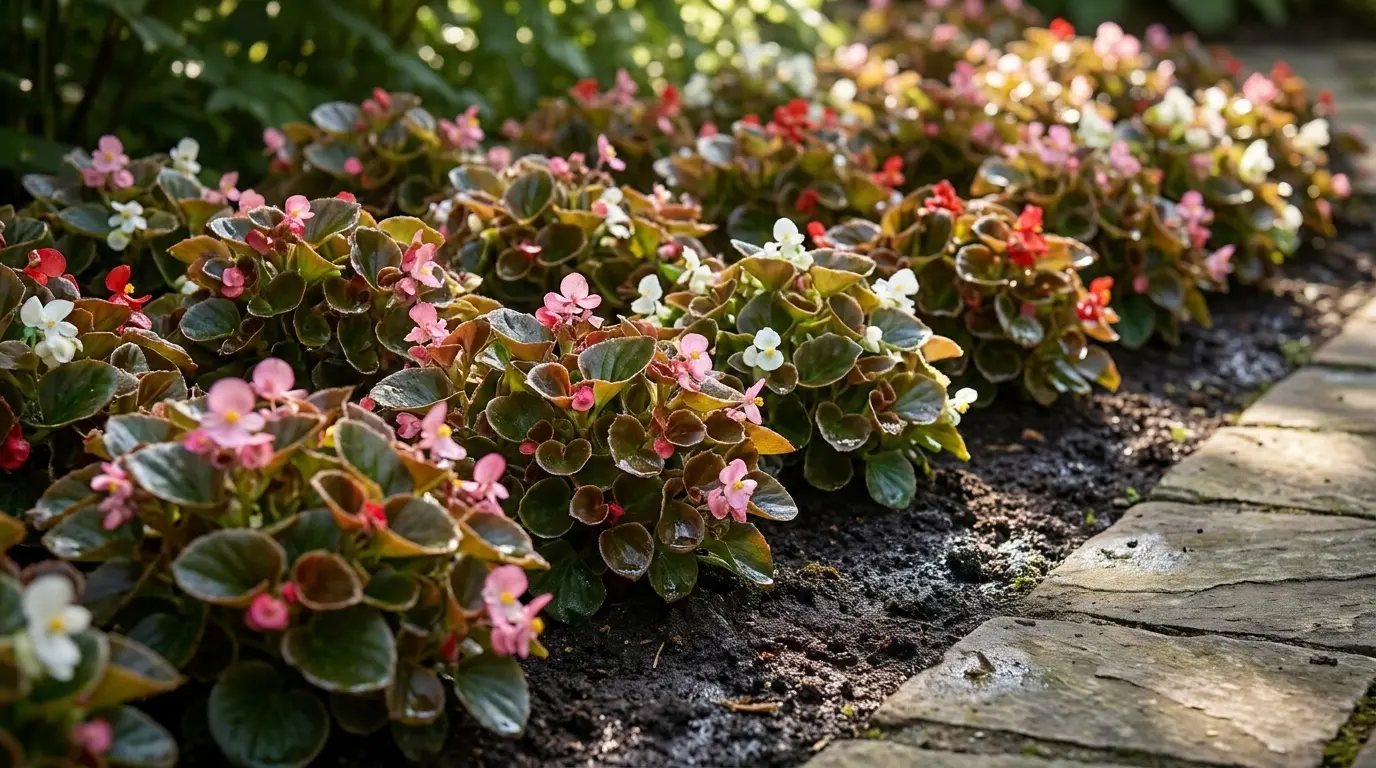 wax begonias blooming along a shaded border with glossy leaves and small bright flowers
