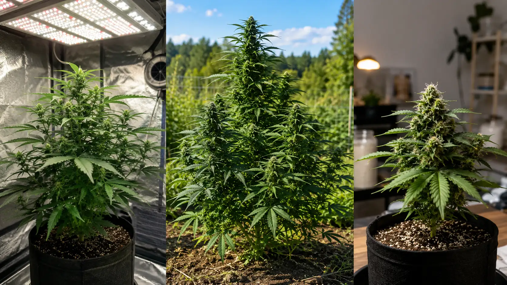 weed plant stages compare indoor tent, outdoor garden, and compact autoflower cannabis plants at different timelines