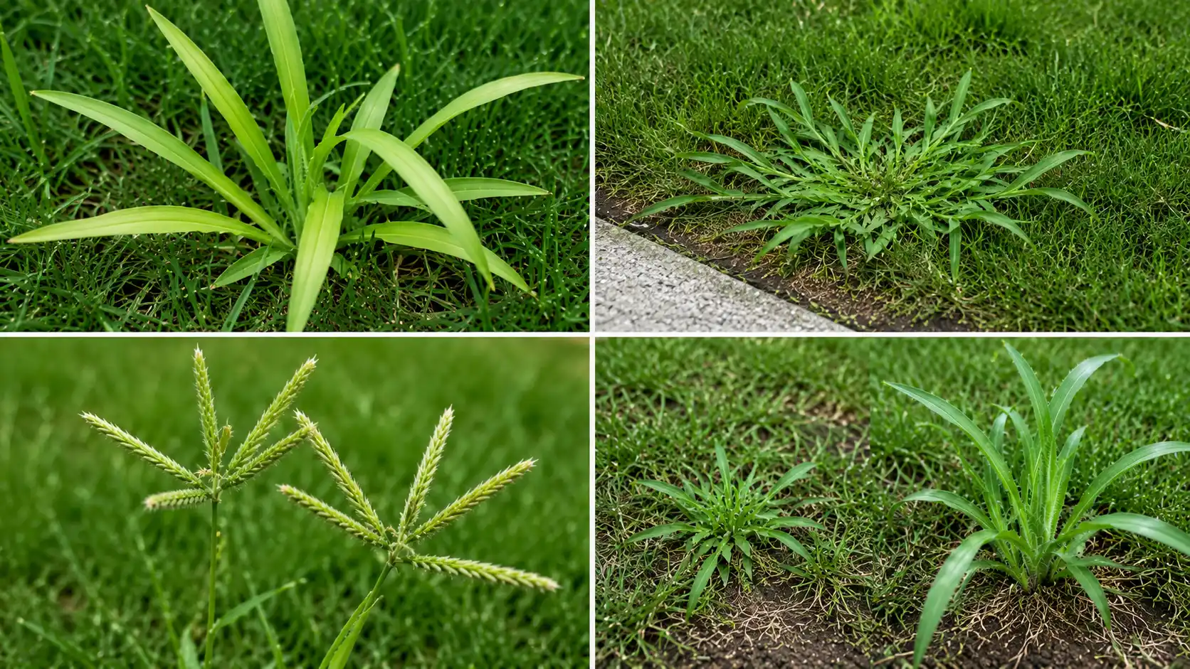 four lawn closeups show crabgrass blade color, spreading growth, seed heads, and plant differences