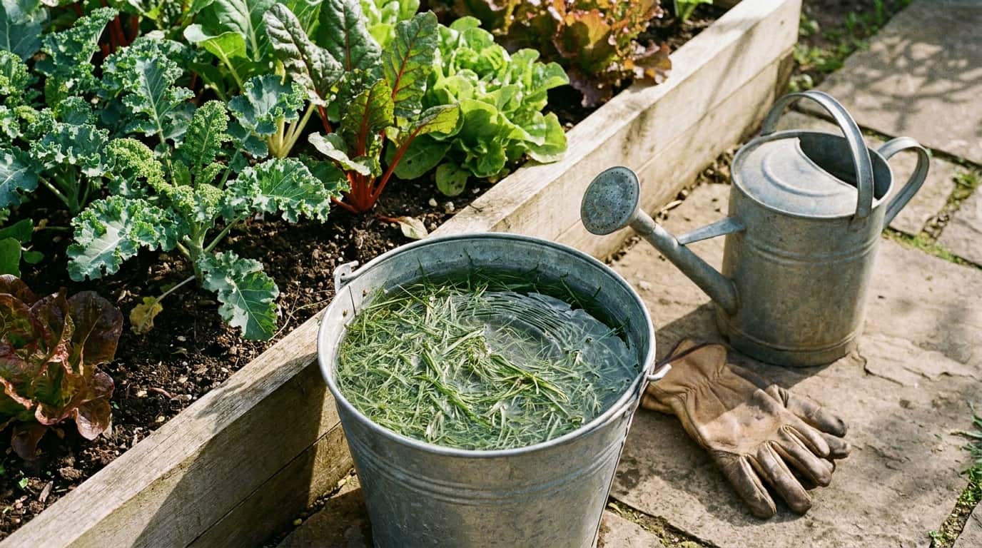bucket of grass clipping liquid fertilizer near vegetables in a sunny garden corner