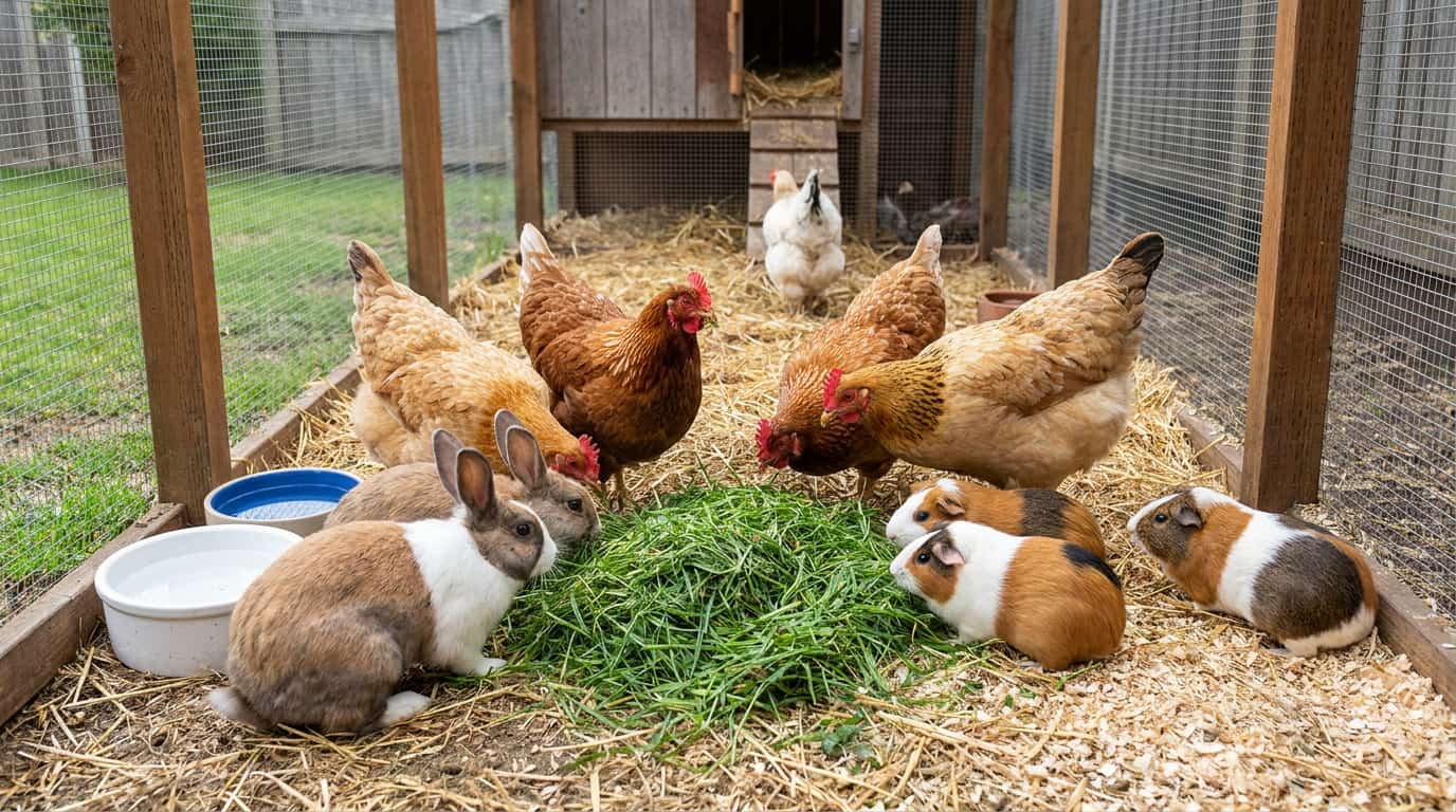 fresh untreated grass clippings offered safely near chickens, rabbits, and guinea pigs