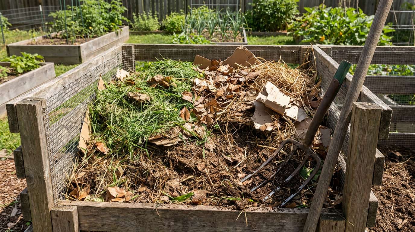 grass clippings mixed with dry leaves and cardboard inside a backyard compost bin