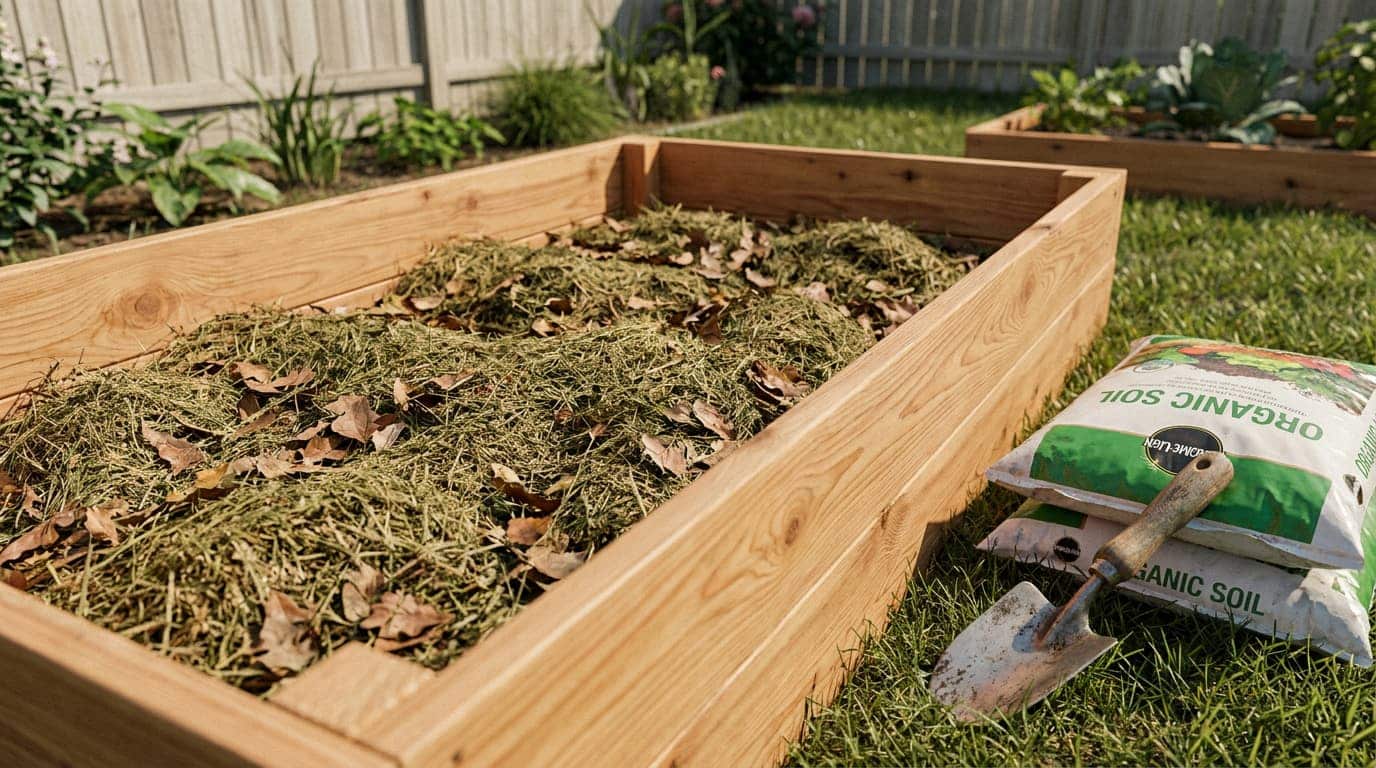 dried grass clippings placed under a new raised garden bed before rich soil is added