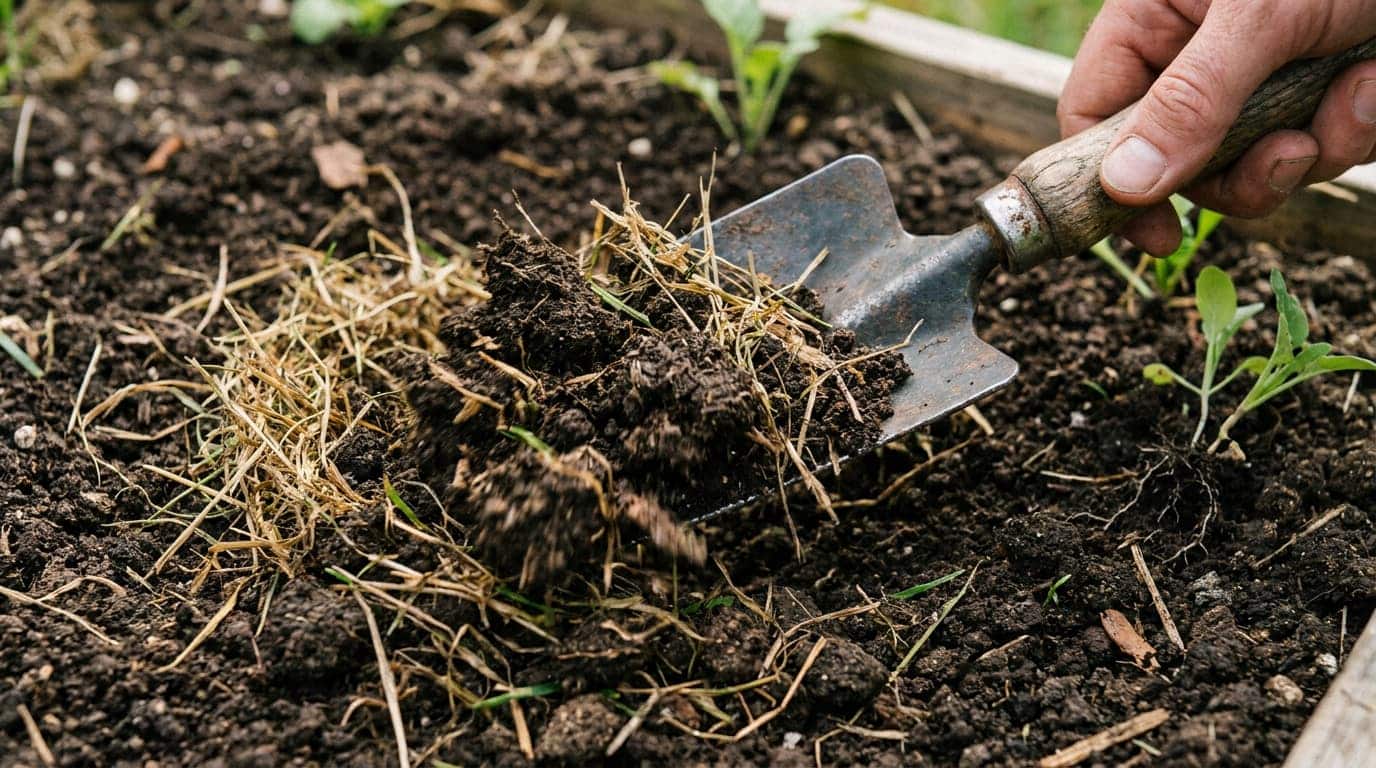 dried grass clippings mixed into garden soil with a hand trowel and young plants nearby