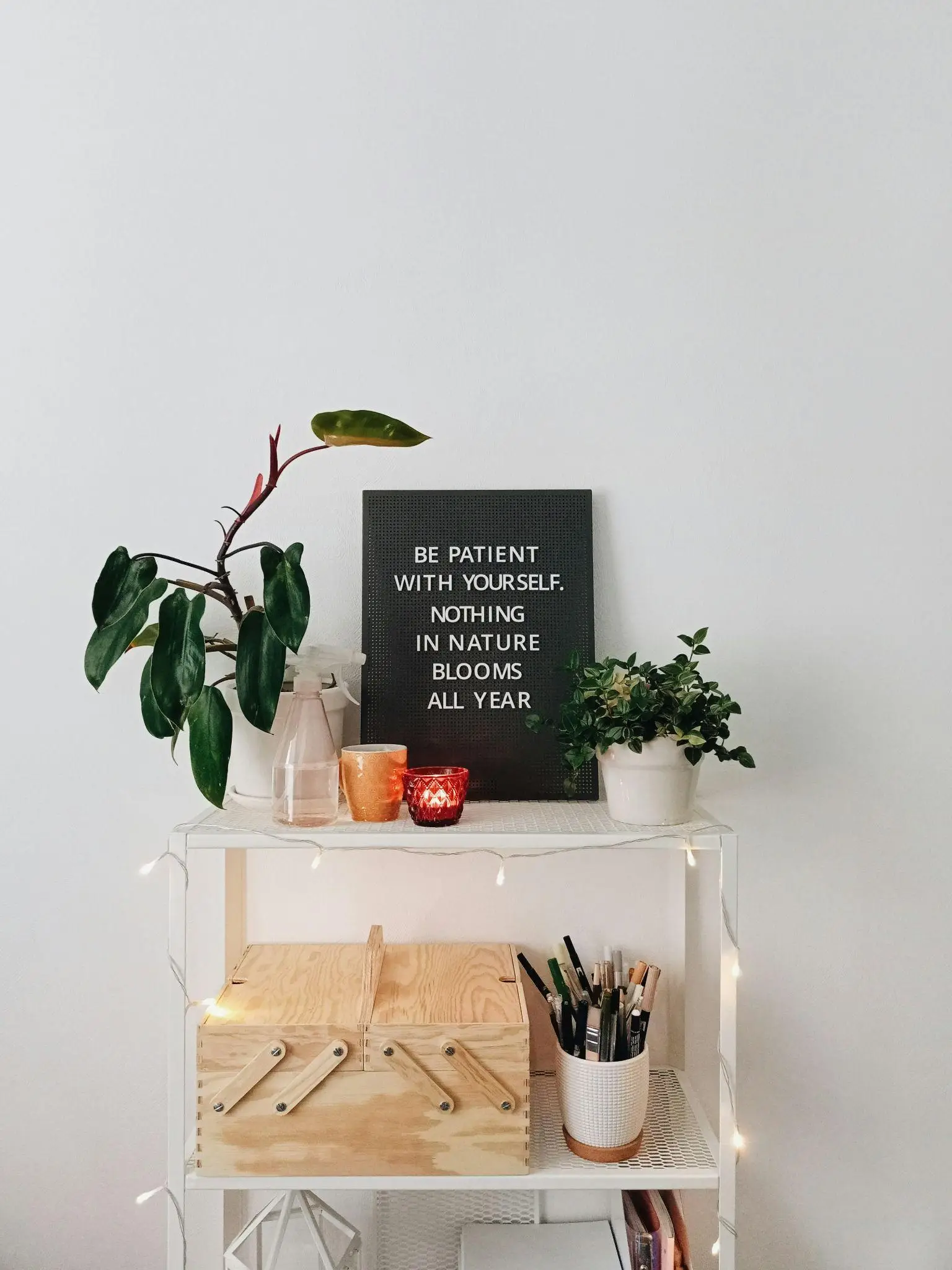 Decorative shelf with potted plants, inspirational quote sign, candles, and stationery in an indoor setting