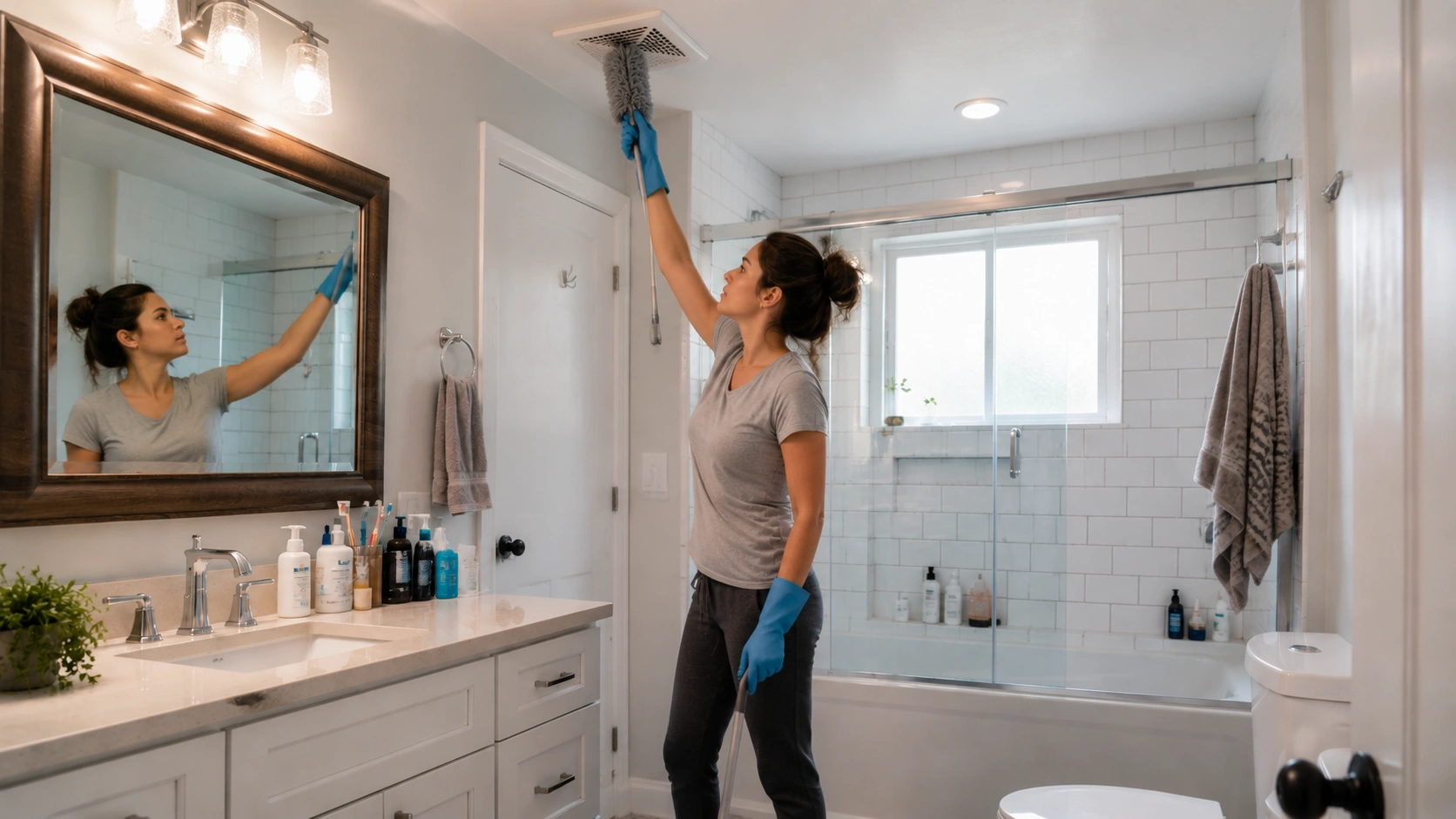 woman cleaning ceiling vent in bathroom, demonstrating how to deep clean bathroom with gloves, duster, and supplies
