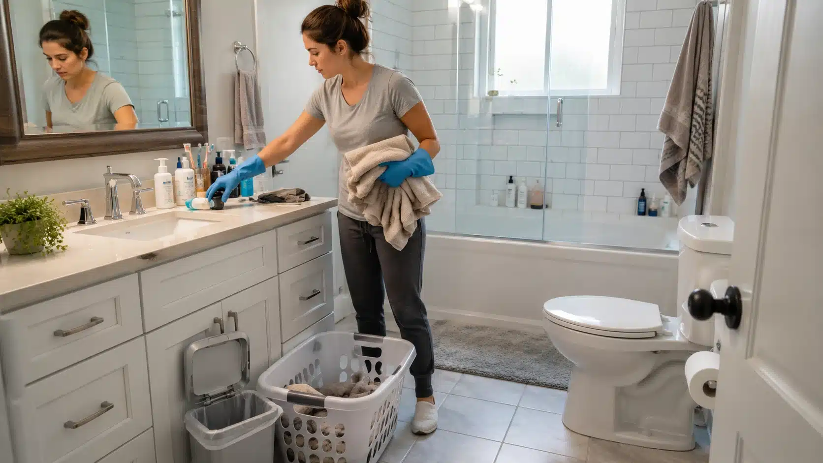 woman in bathroom holding towels and cleaning supplies, demonstrating how to deep clean bathroom thoroughly