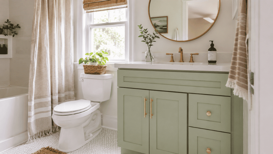 woman painting sage green bathroom cabinets in a small bright bathroom