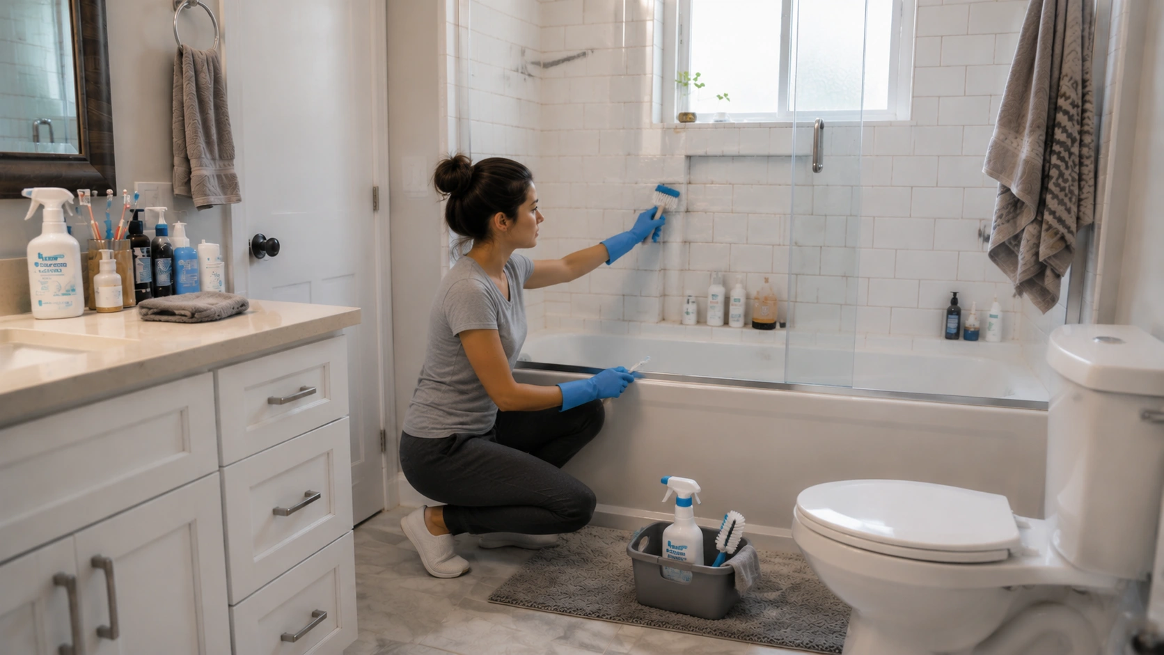 woman scrubbing shower tiles in bathroom, showing how to deep clean bathroom with brushes, gloves, and cleaning supplies