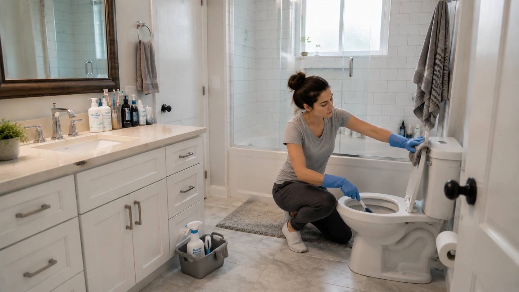 woman scrubbing toilet in bathroom, showing how to deep clean bathroom with gloves, brush, and organized supplies