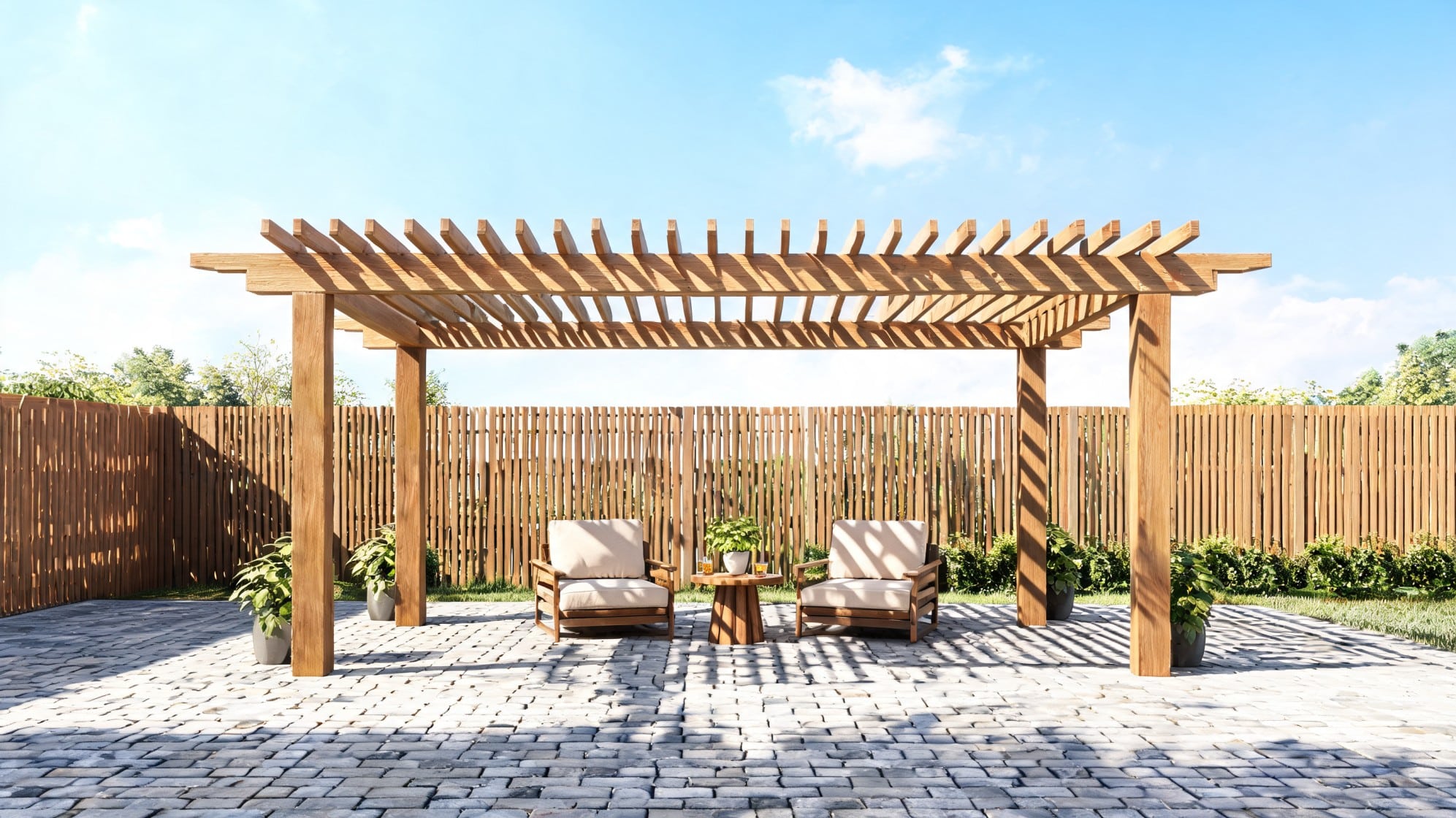 wooden pergola over a paved patio with lounge chairs plants and privacy fence