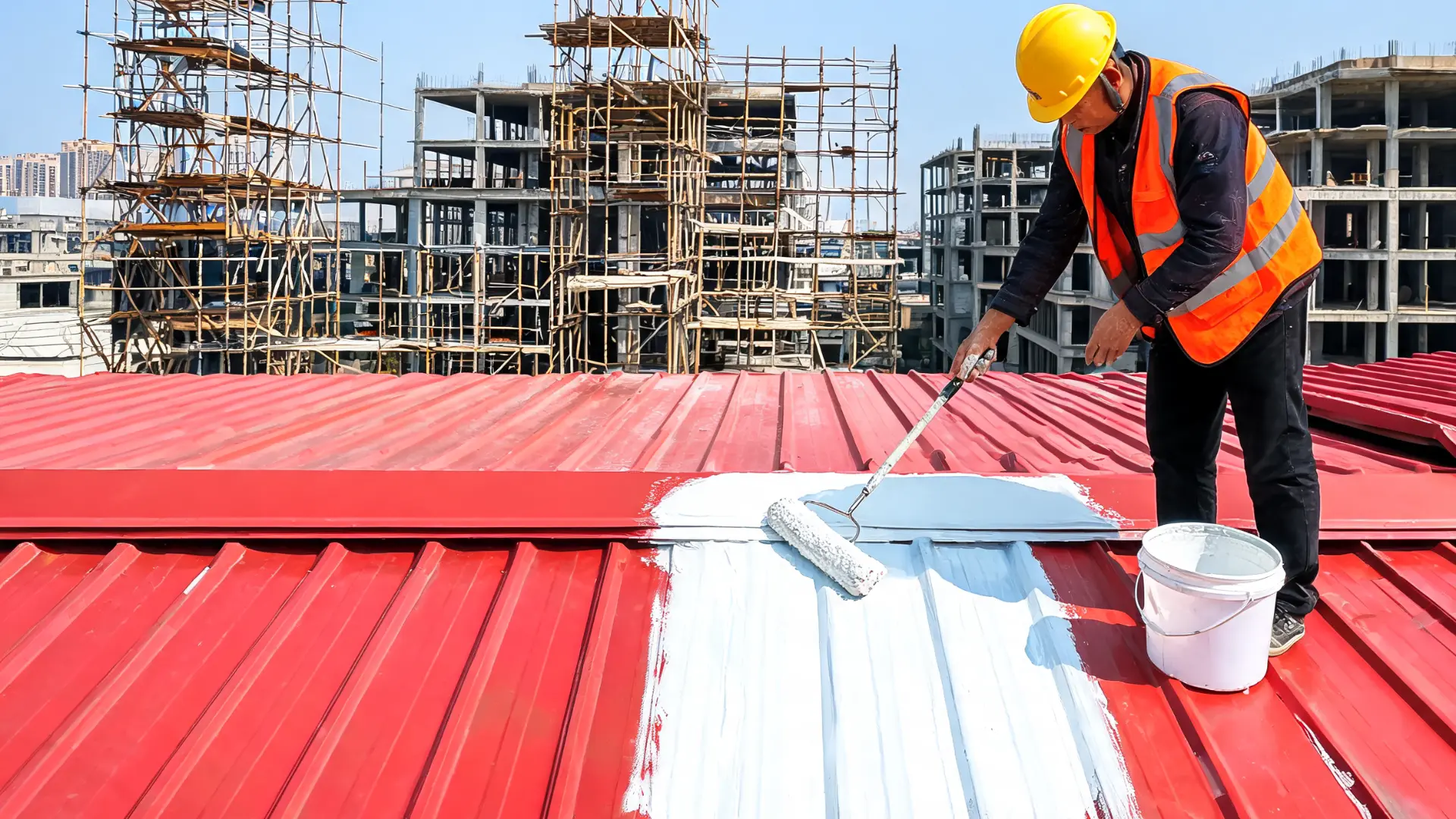 worker applying coating during metal roof maintenance on a red roof at a construction site
