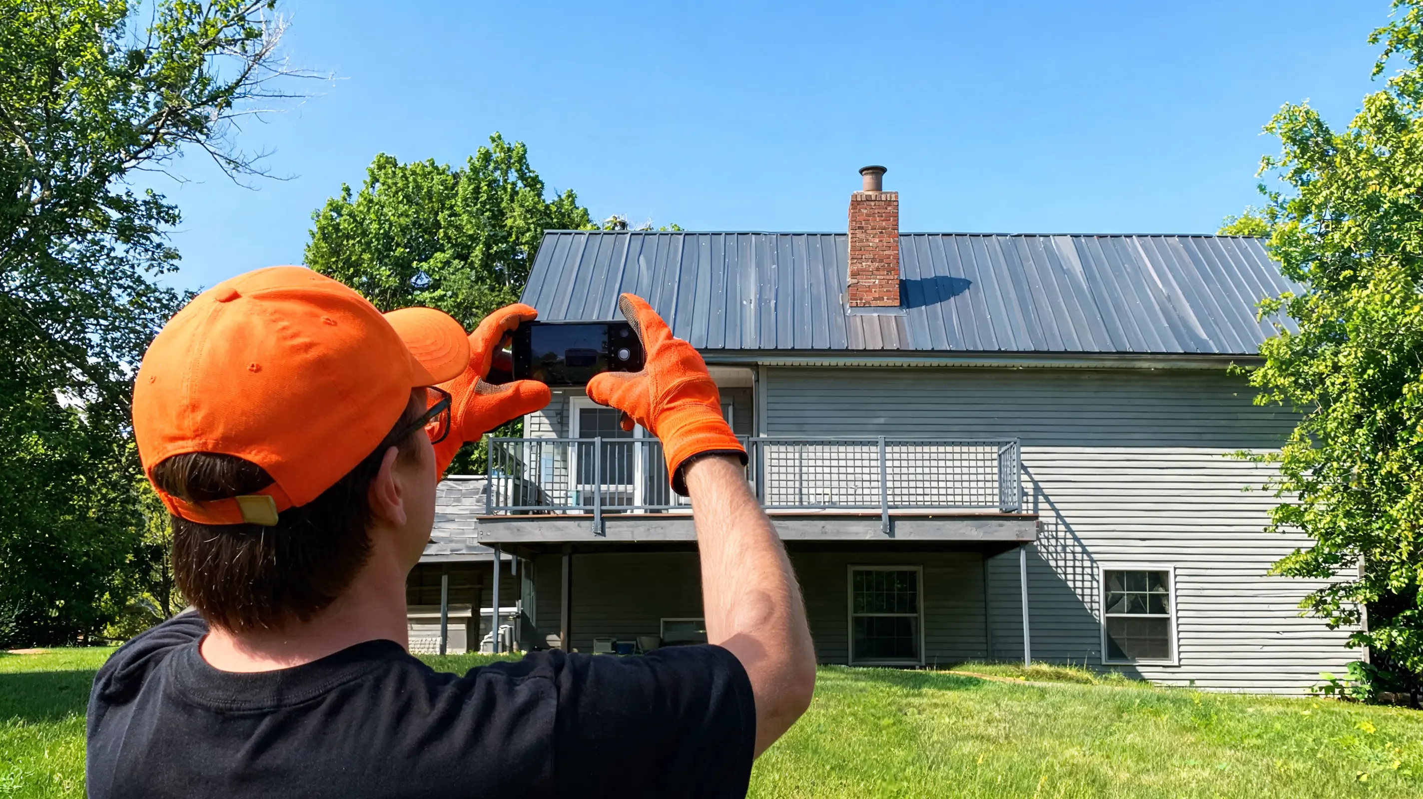 worker documenting metal roof maintenance during a ground level inspection of a home roof with trees nearby