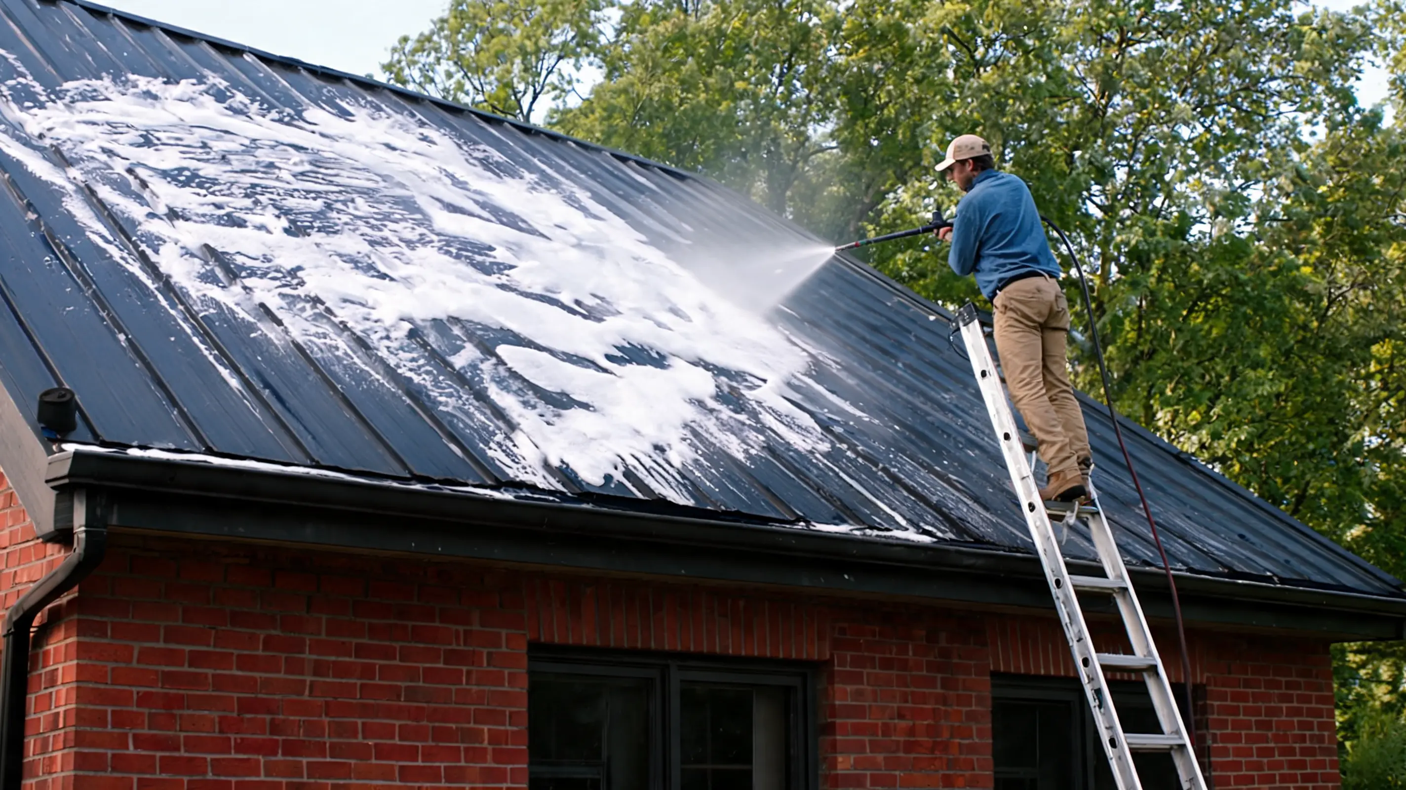 metal roof maintenance cleaning process with worker rinsing a black metal roof using soap and water