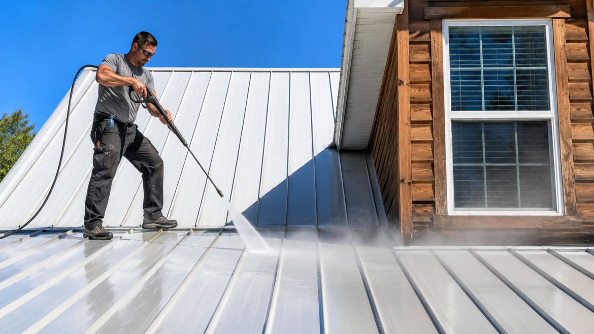 metal roof maintenance with worker washing standing seam roof panels to remove dirt and surface buildup