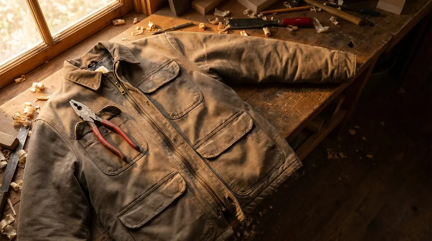 Brown work jacket on wooden bench with pliers in pocket and scattered wood shavings
