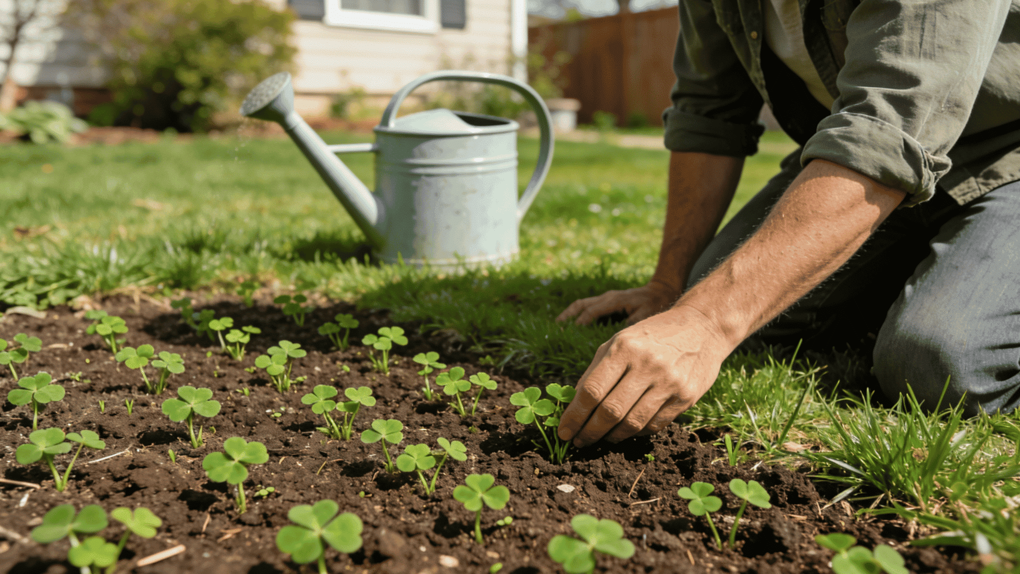 young clover lawn seedlings growing in soil while homeowner checks early lawn growth outdoors