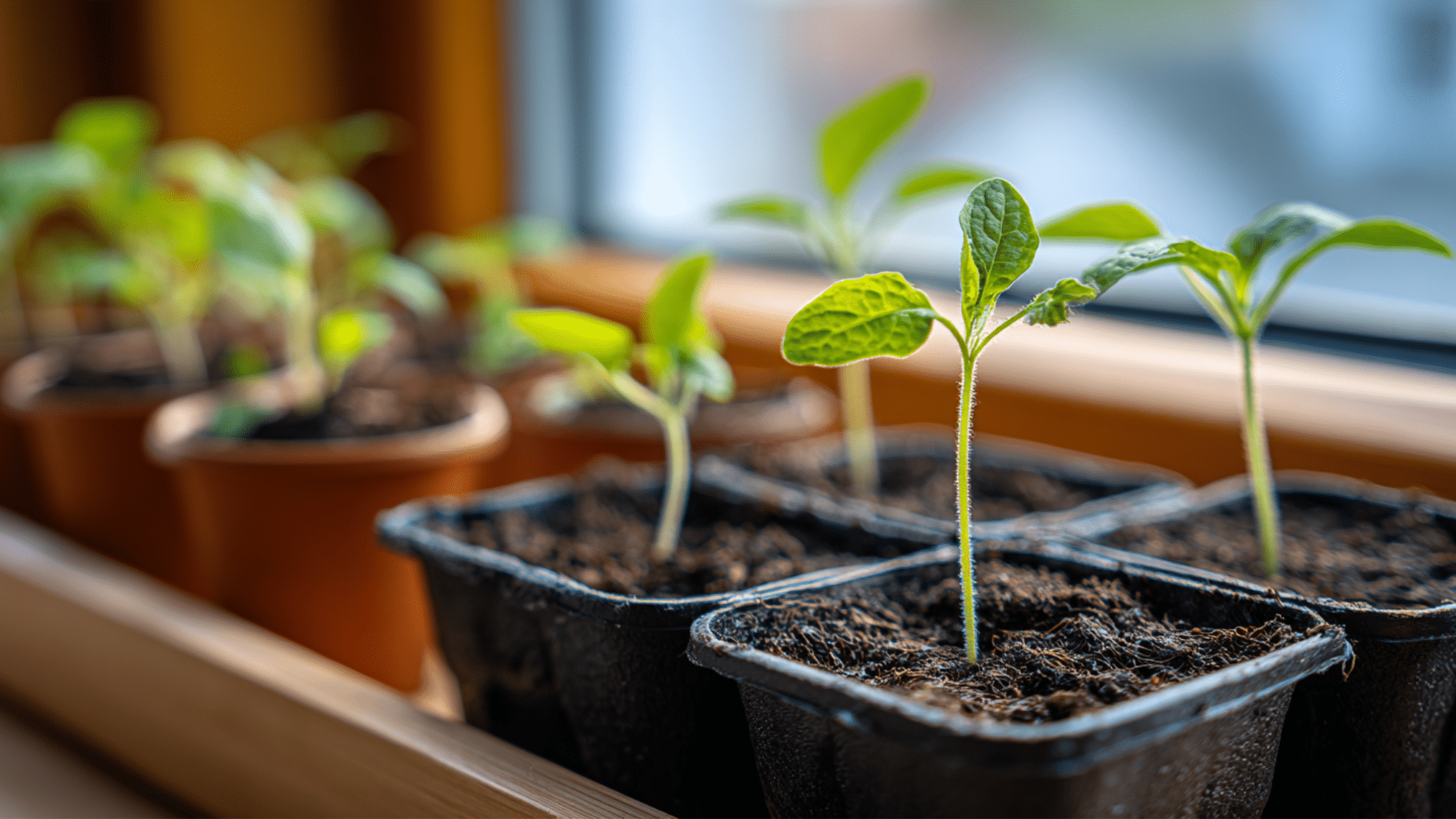young green seedlings growing in small pots near a sunny window with fresh soil and soft natural light indoors (2)