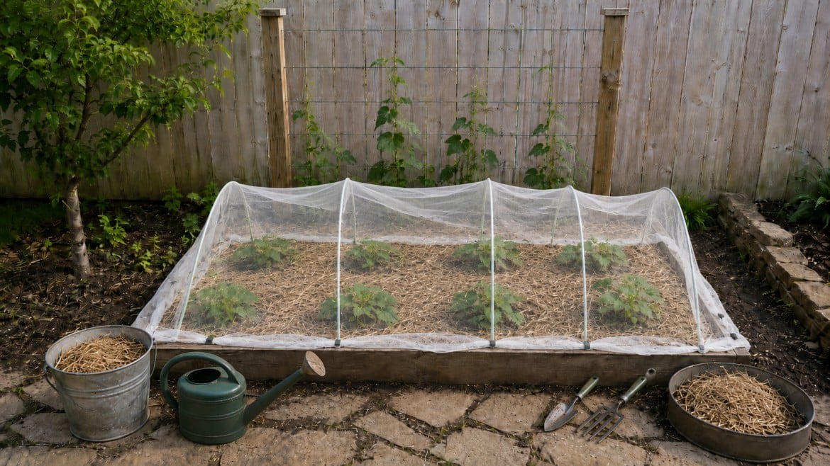 how to plant cucumbers by protecting young plants with a light row cover over mulch and trellis vines