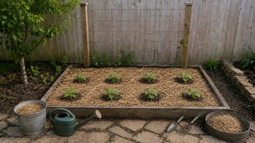 how to plant cucumbers by adding light straw mulch around young seedlings while keeping plant stems clear