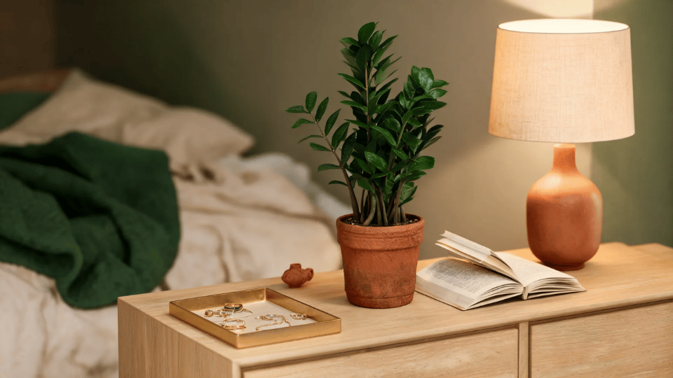 zz plant on a bedroom dresser with warm beige bedding, books, lamp, and terracotta accents