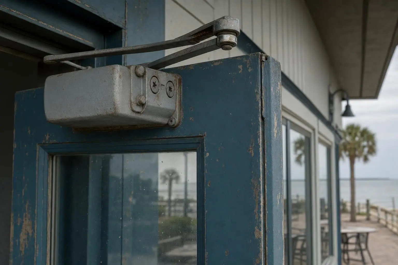 Rustic blue door with metal closer, open to beachfront patio and ocean view