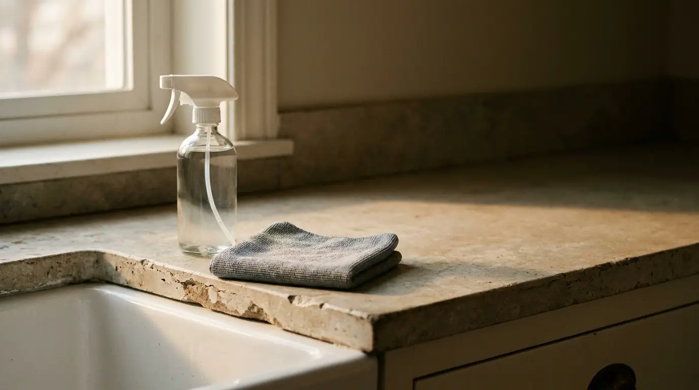 Spray bottle and cloth on stone countertop in sunlit kitchen setting