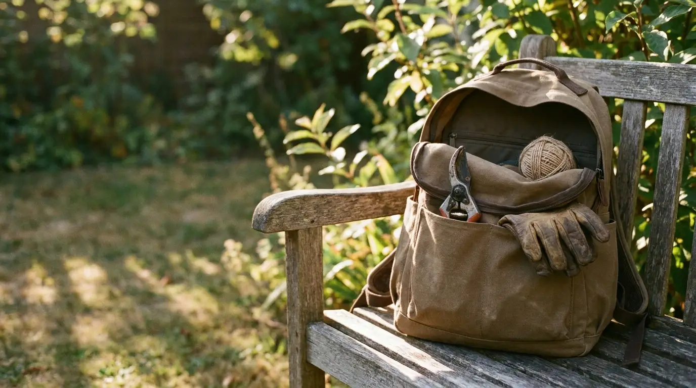 Gardening tools and twine inside a backpack on a wooden bench in a sunny garden