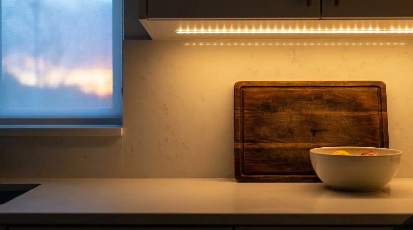 Cutting board and bowl of fruit on marble countertop in dimly lit kitchen