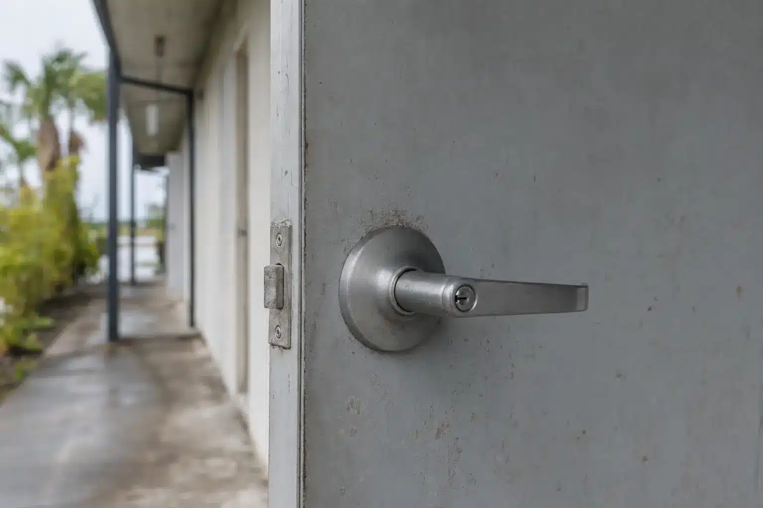Metal door handle on partially open door in outdoor corridor with palm trees in background