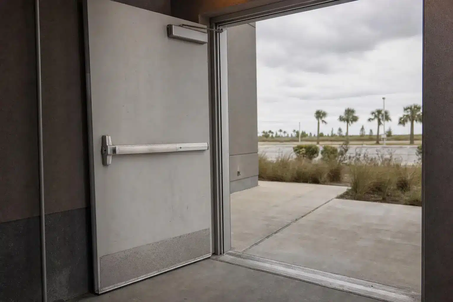 Open industrial metal door leading to outdoor area with concrete path and palm trees