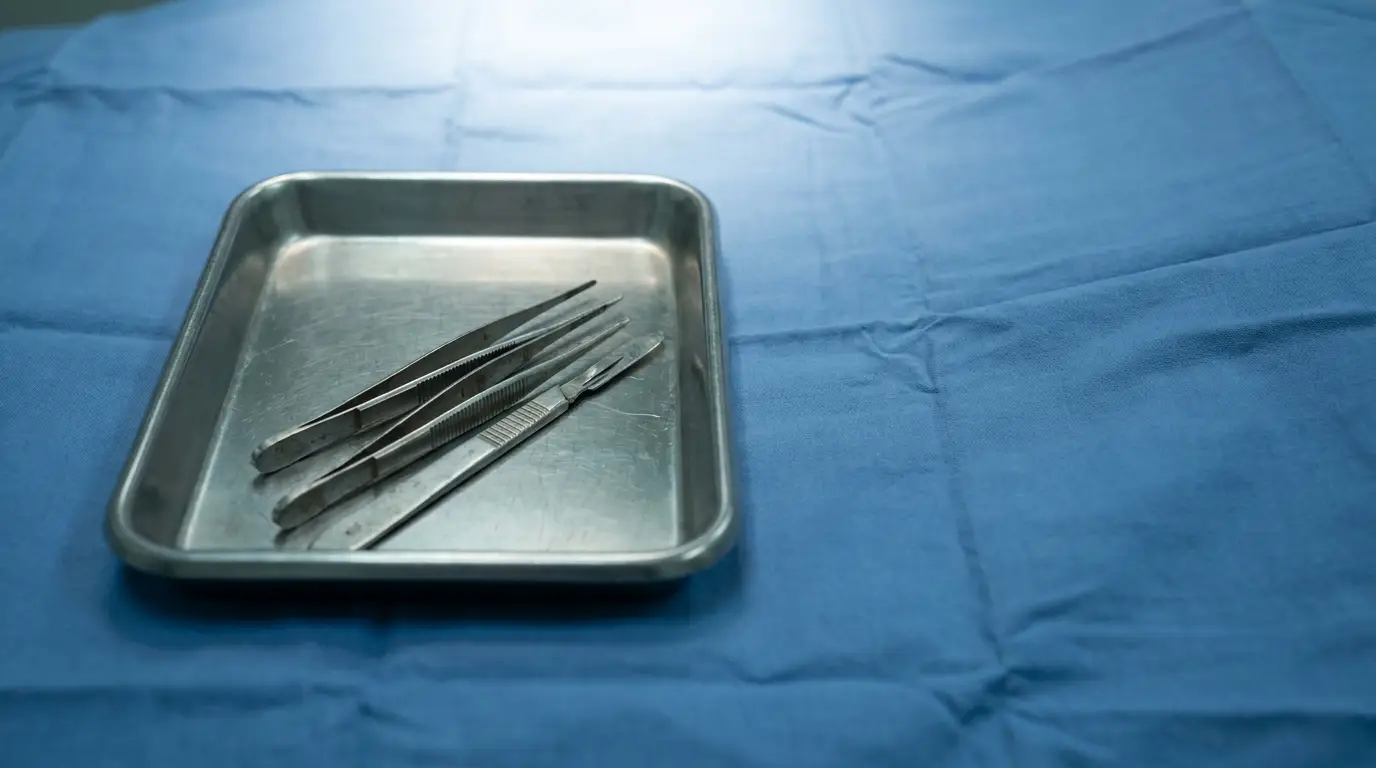 Surgical instruments in metal tray on blue draped table in operating room