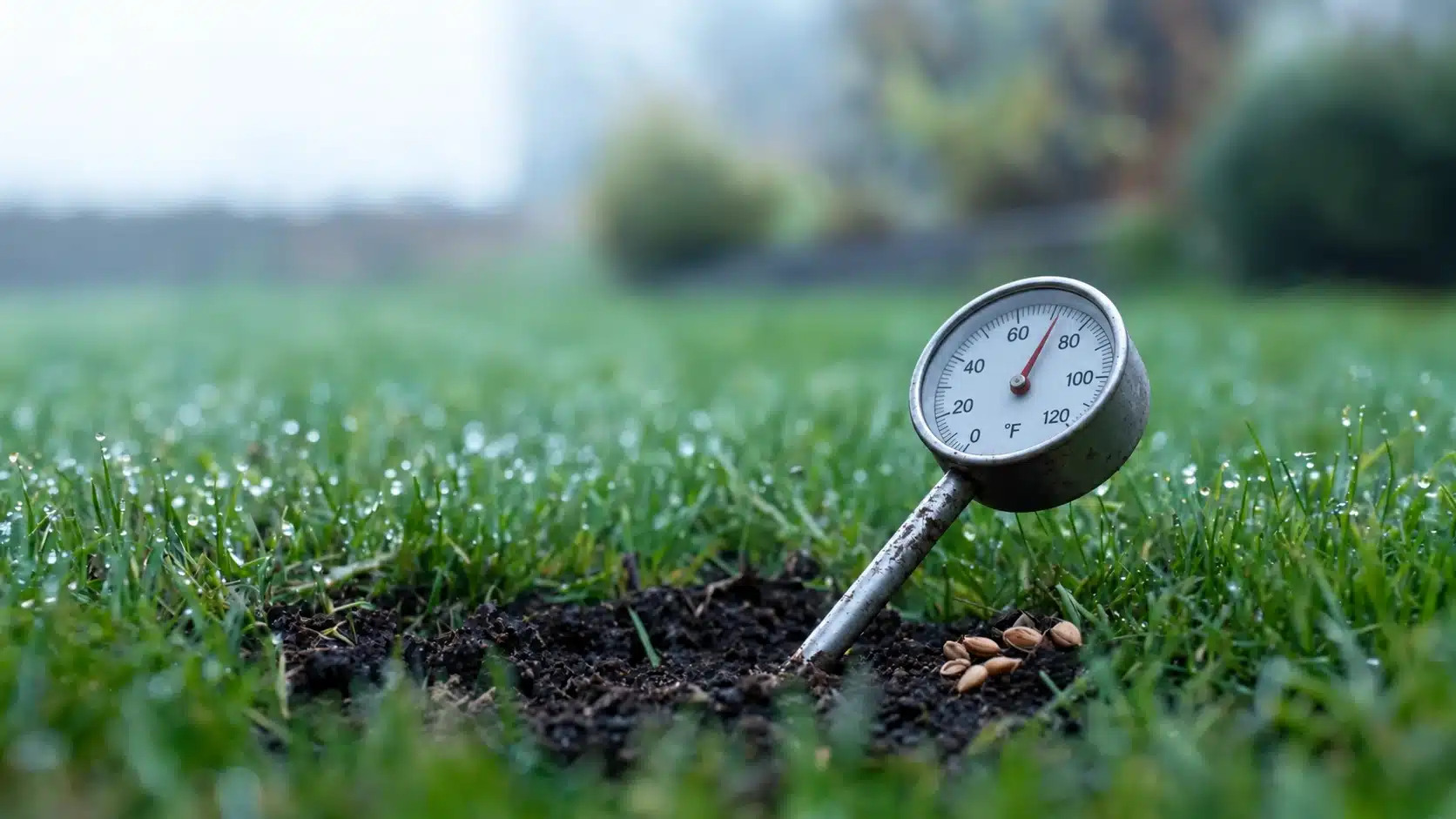 A dial soil thermometer reads roughly 50°F in damp, dew-covered lawn soil.