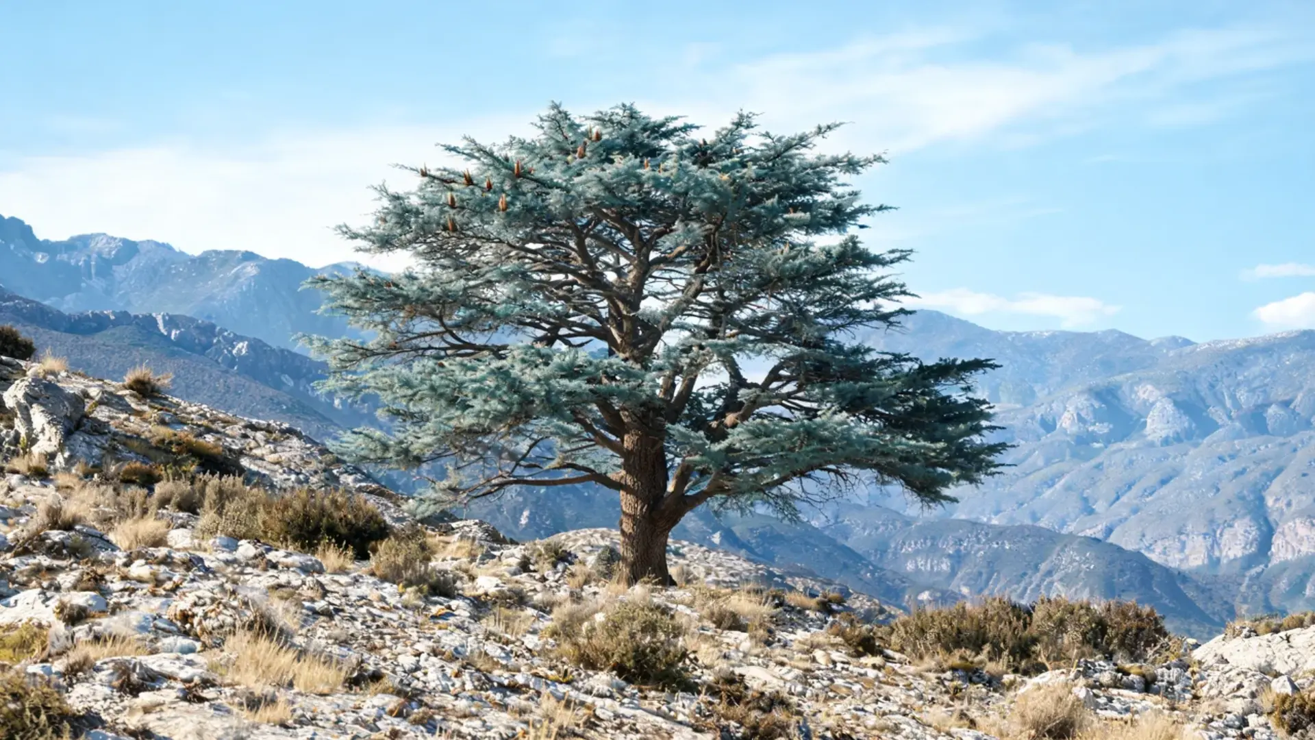 a broad atlas cedar tree with blue green needles standing alone on a sunlit rocky hillside