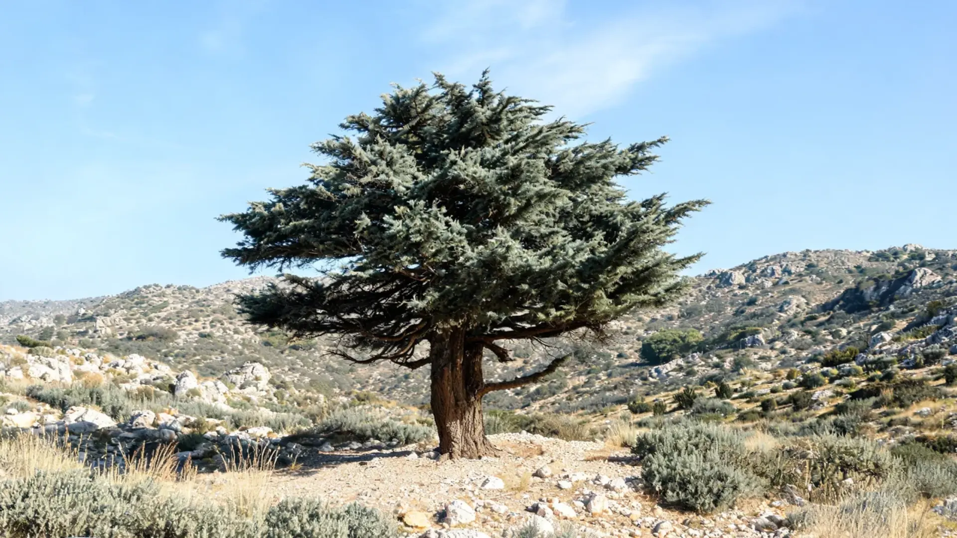 a broad cyprus cedar tree with silvery blue foliage growing alone on a dry rocky hillside path