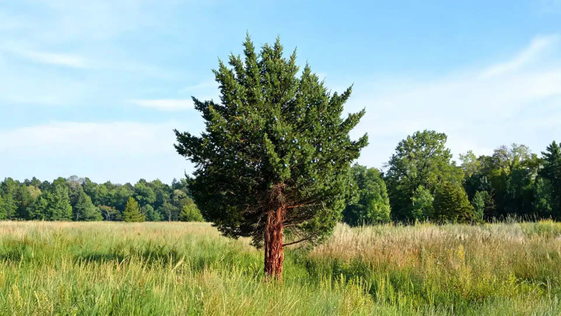 a cone shaped eastern red cedar tree with dense green foliage standing alone in an open field