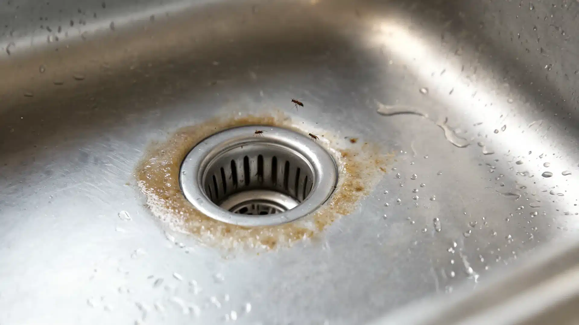 a dirty kitchen sink drain shows where fruit flies come from when food residue and moisture collect around the opening