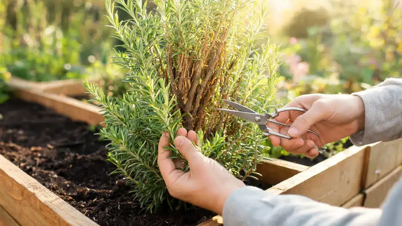 a gardener trims an older woody rosemary stem while fresh green growth fills the sunlit garden