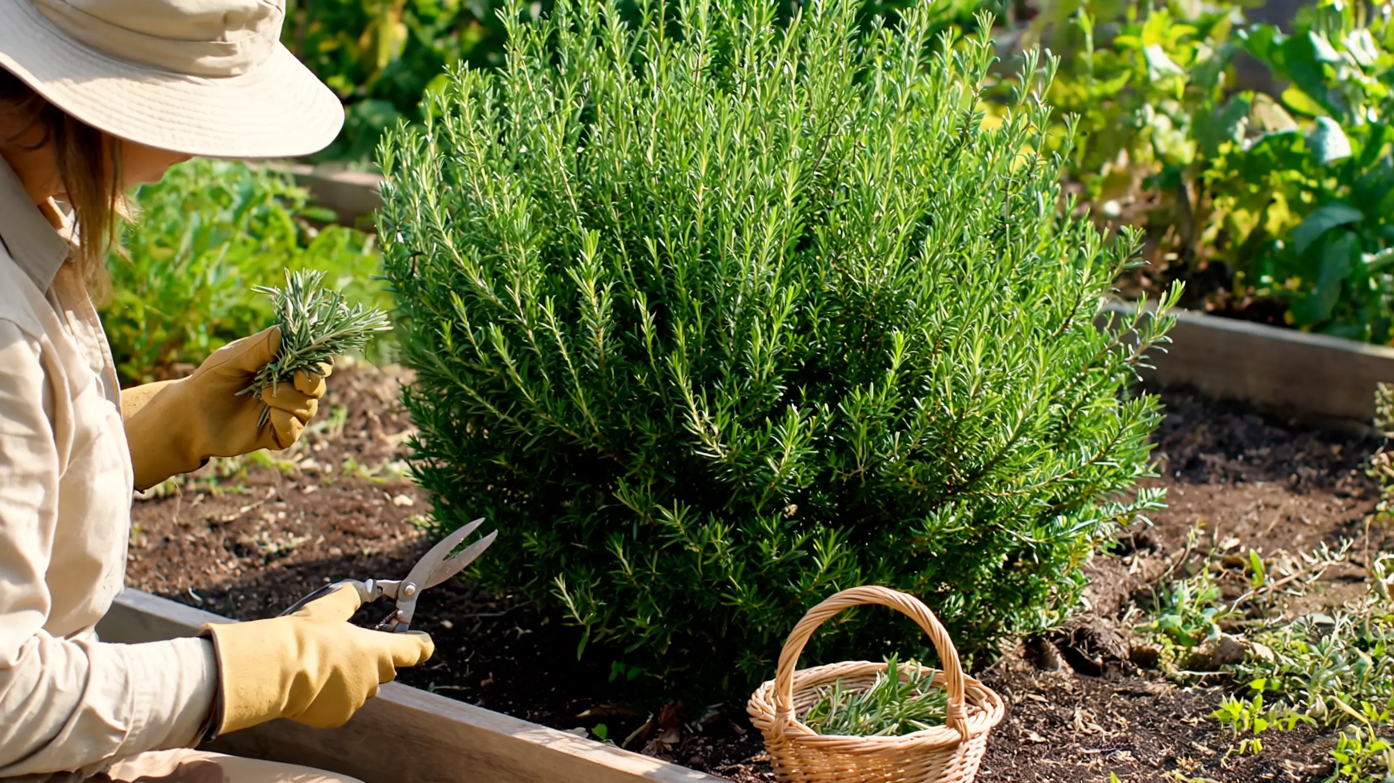 a gloved gardener pauses while trimming a dense rosemary bush to avoid taking too many stems