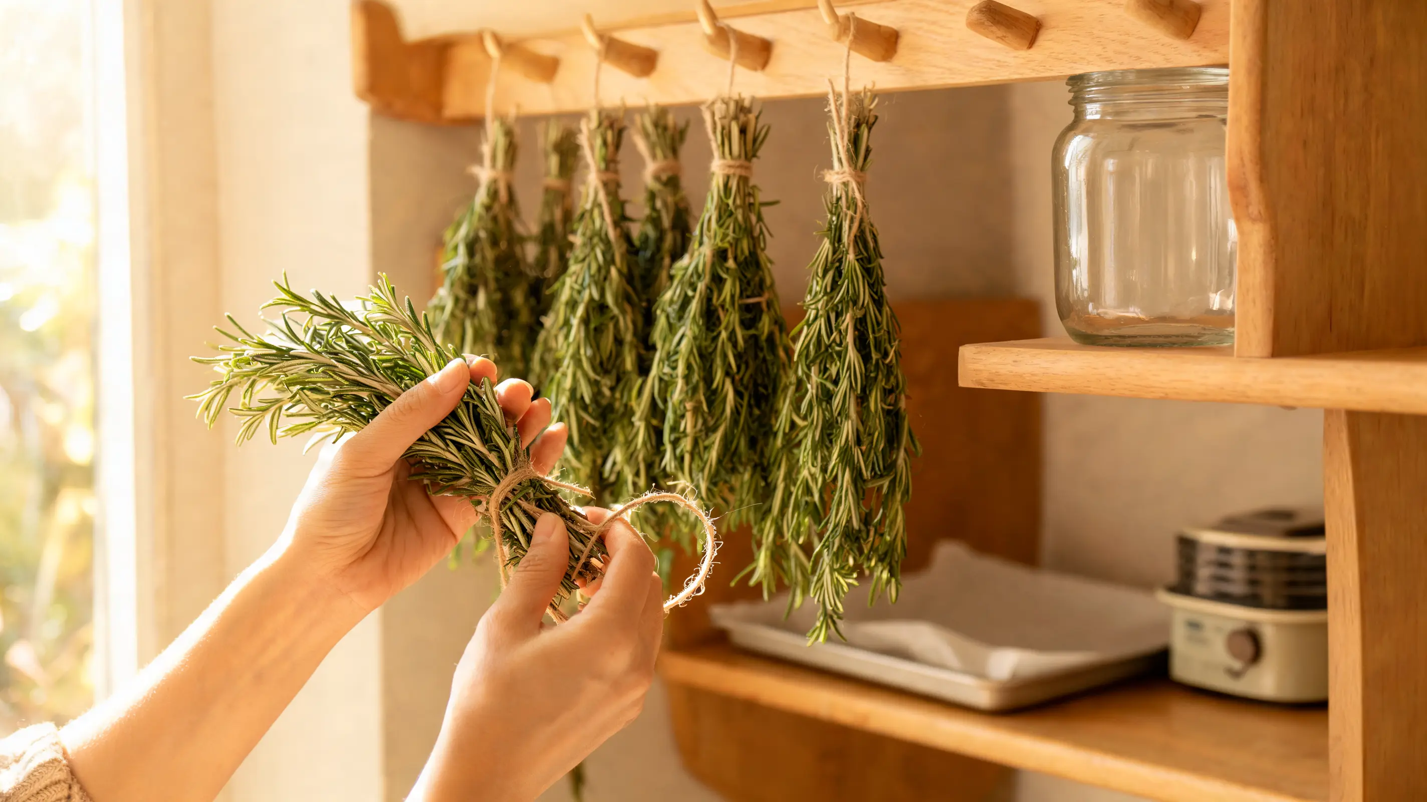 a hand checks small rosemary bundles hanging to dry beside open shelves filled with kitchen jars