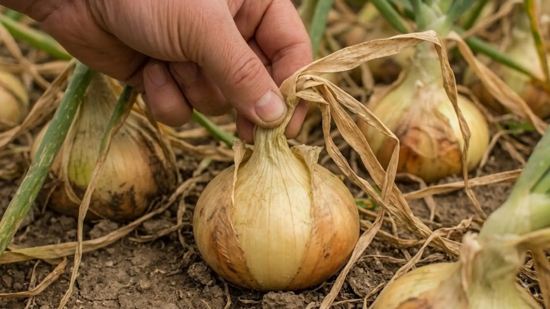 a hand gently presses the soft, thin neck of a mature onion in dry garden soil with dried leaves