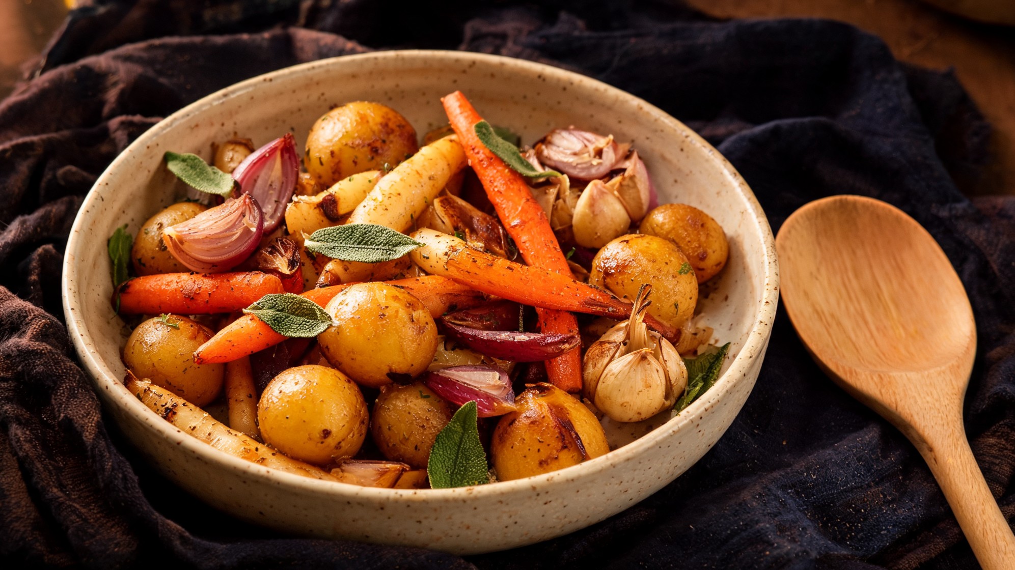 a rustic bowl of roasted vegetables, including golden potatoes, carrots, red onions, and garlic, garnished with sage leaves