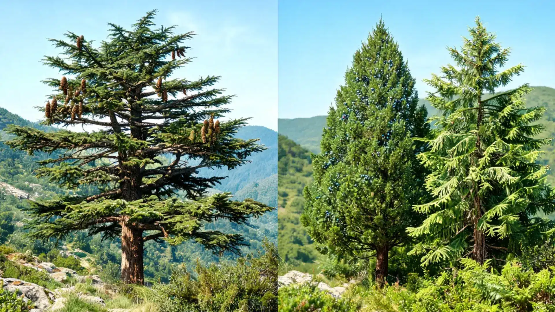 a side by side comparison showing a true cedar tree beside a cedar named juniper and fir tree
