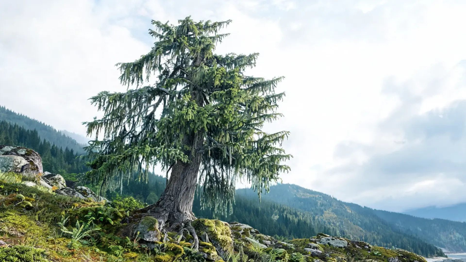 a tall alaska cedar tree with drooping green branches growing on a mossy rocky mountain slope