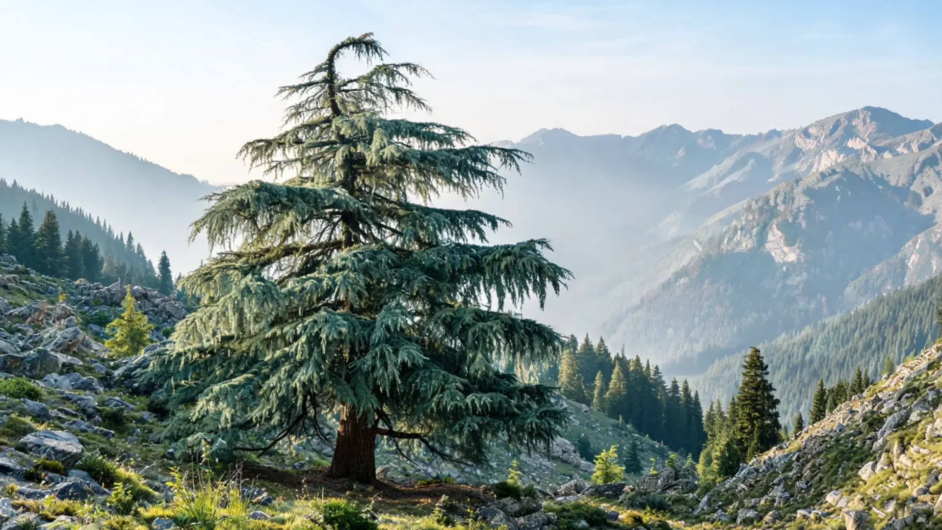 a tall deodar cedar tree with drooping blue green branches overlooking a misty mountain valley